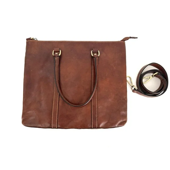 Persaman Work Tote Bag Brown Leather Top Zip Double Handles Crossbody Strap